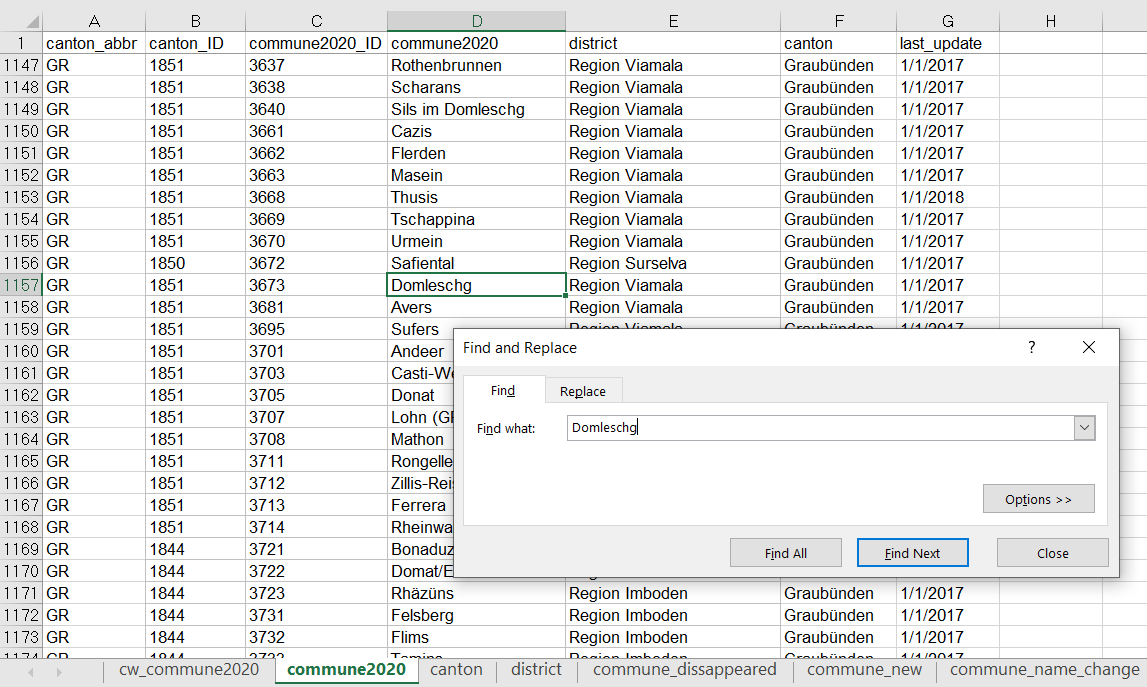 Look up current ID number of new commune